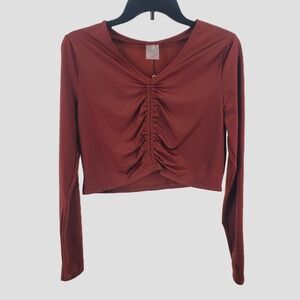 CALIA Womens Large Ruched Rash Guard Swim Top Red Brown Shine Long Sleeve UPF 50